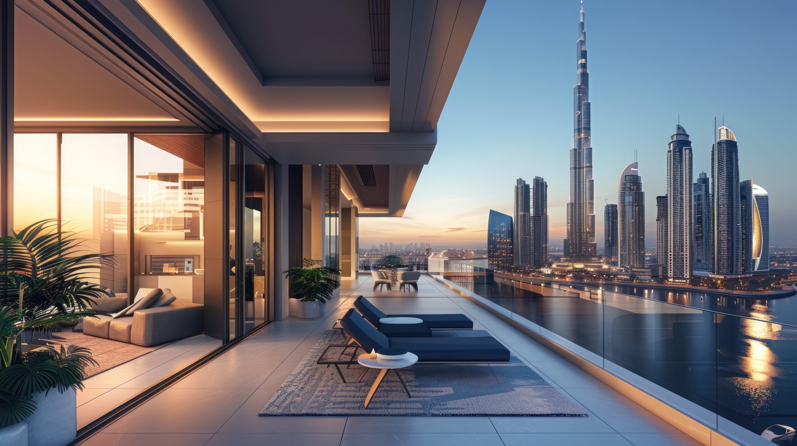 Luxury Balcony Offering Stunning View of Dubai Skyline at Sunset with a modern and elegant vibe AIG59